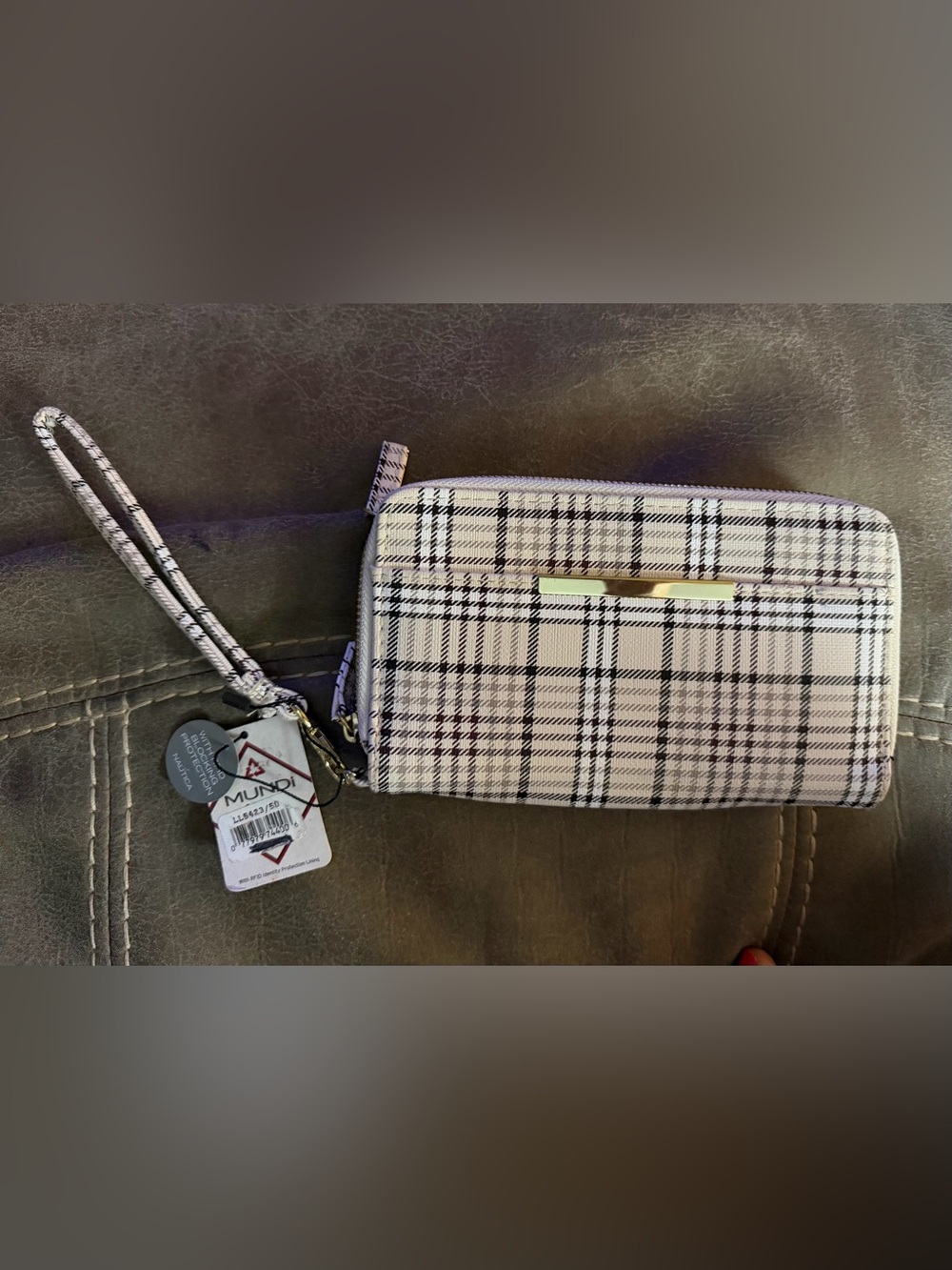 mundi Plaid Zip Wristlet in Cream and Black with Gold Accent